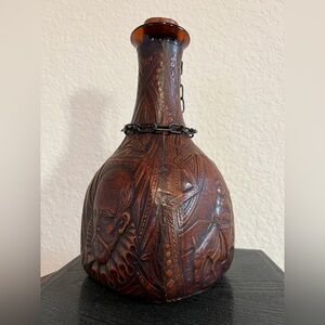 “Rare Vintage” Genuine Leather Embossed Empty Decanter Bottle - made in Spain